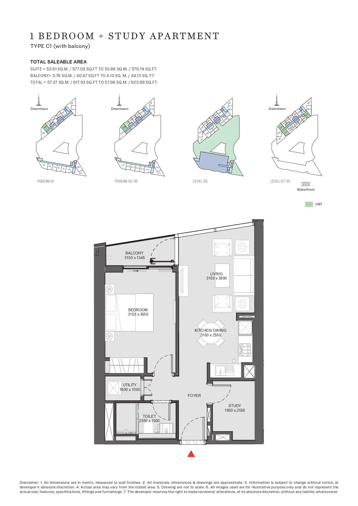 1 Bedroom + Study Apartment Type C1